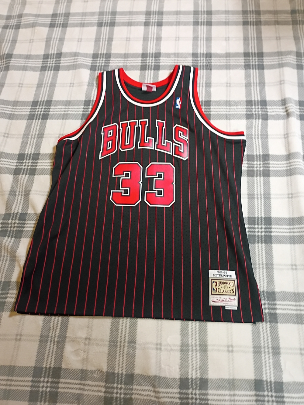 Mitchell & Ness Black and Red Chicago Bulls Pinstripe Jersey #33